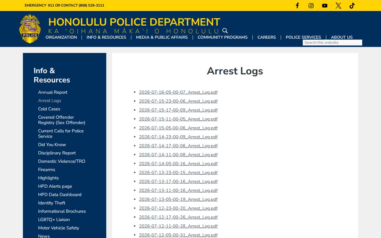 Honolulu County 24 hour release list alternative on HPD arrest logs