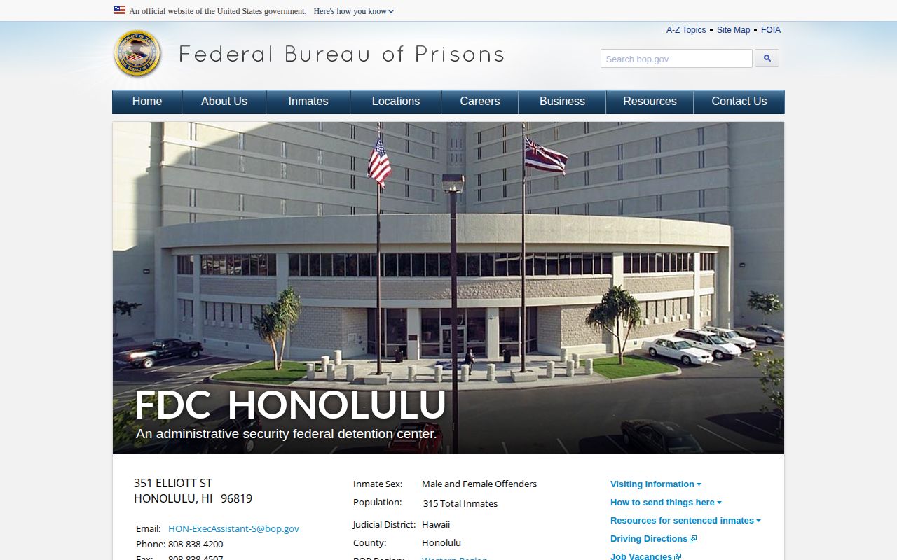 Official Bureau of Prisons page for FDC Honolulu