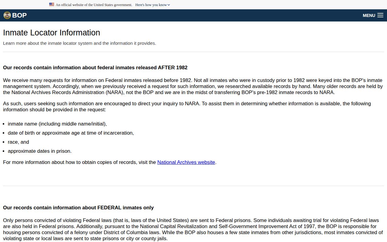 BOP guidance explaining released inmate locator results