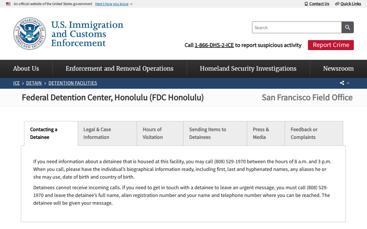 ICE detention facility listing for FDC Honolulu