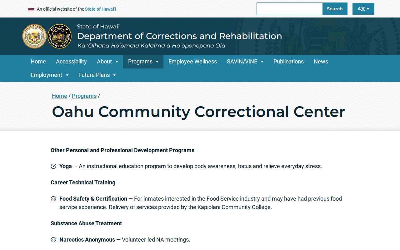 Official DCR page describing OCCC and Laumaka reentry programs