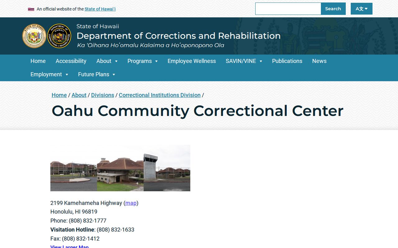 Official Hawaiʻi DCR page for Oʻahu Community Correctional Center