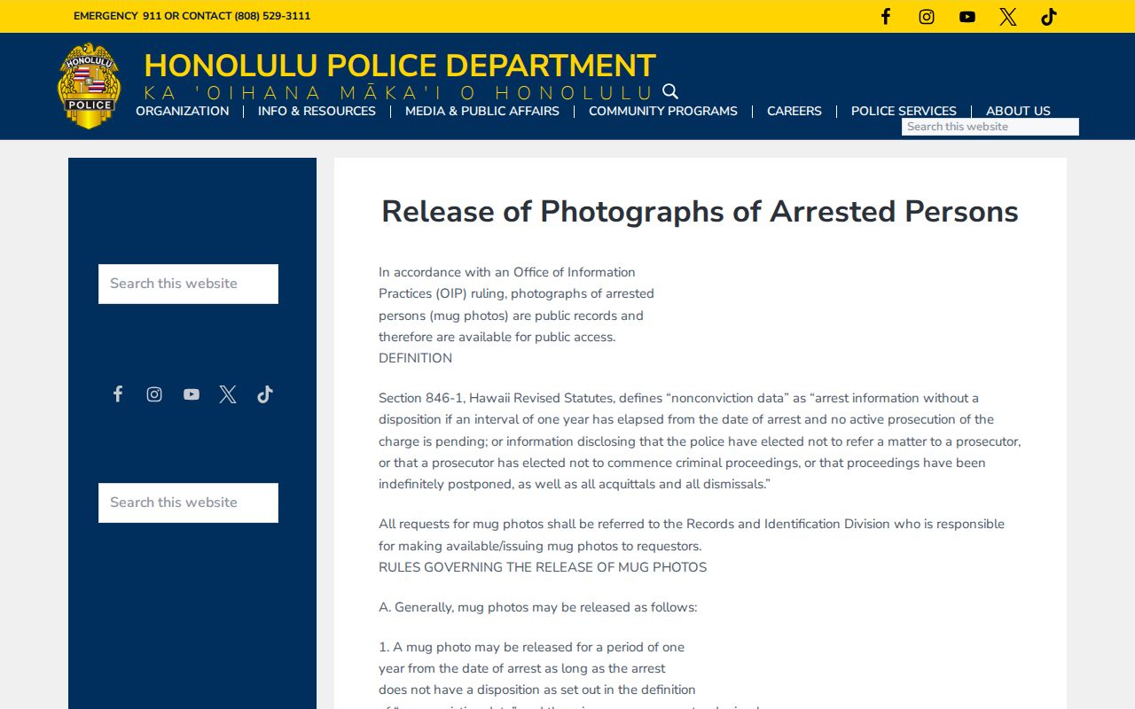 Honolulu County released inmate mugshots HPD photograph policy