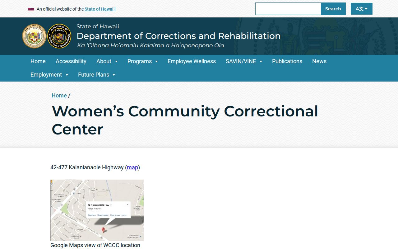 Official Hawaiʻi DCR Women’s Community Correctional Center page